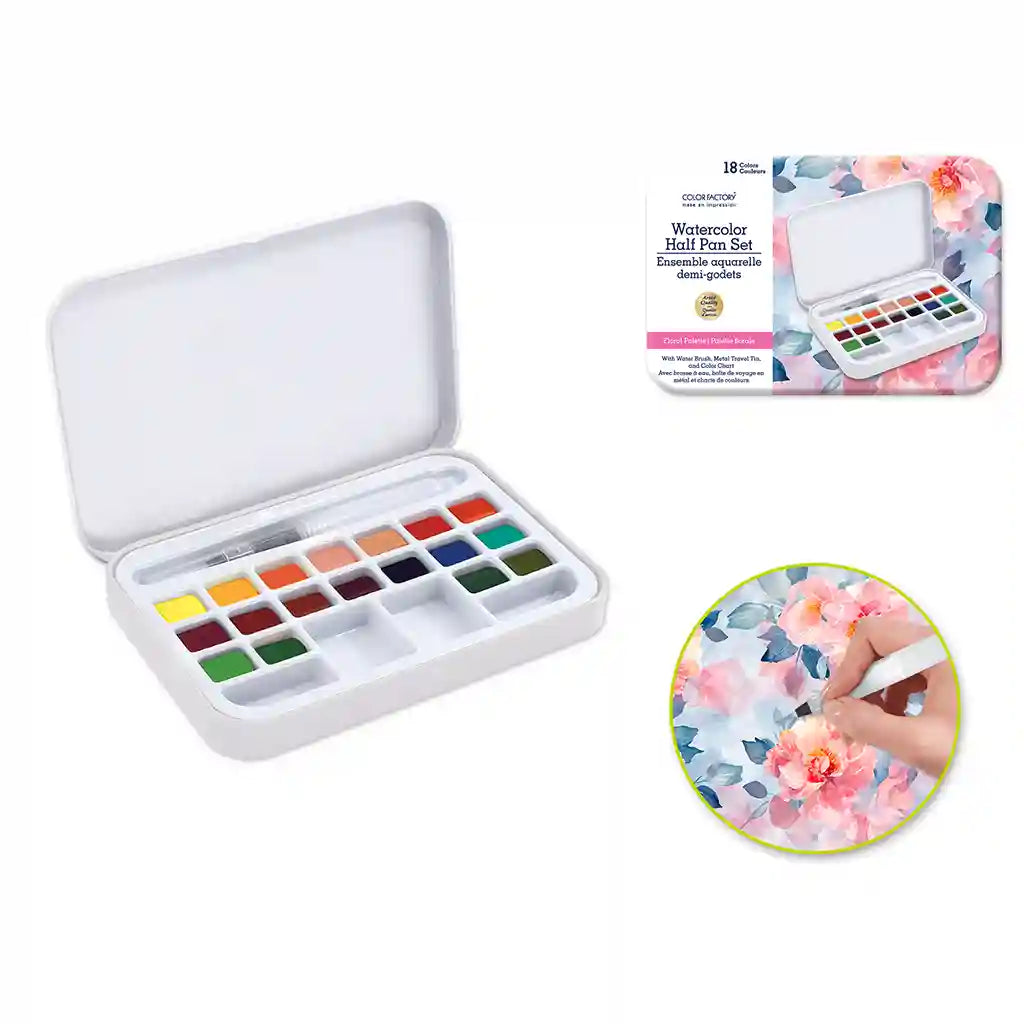 Color Factory: 18 Half-Pan Watercolor Set Portable W/Water Brush Floral Palette