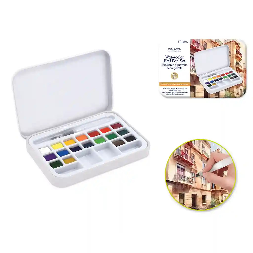 Color Factory: 18 Half-Pan Watercolor Set Portable W/Water Brush Classic Palette