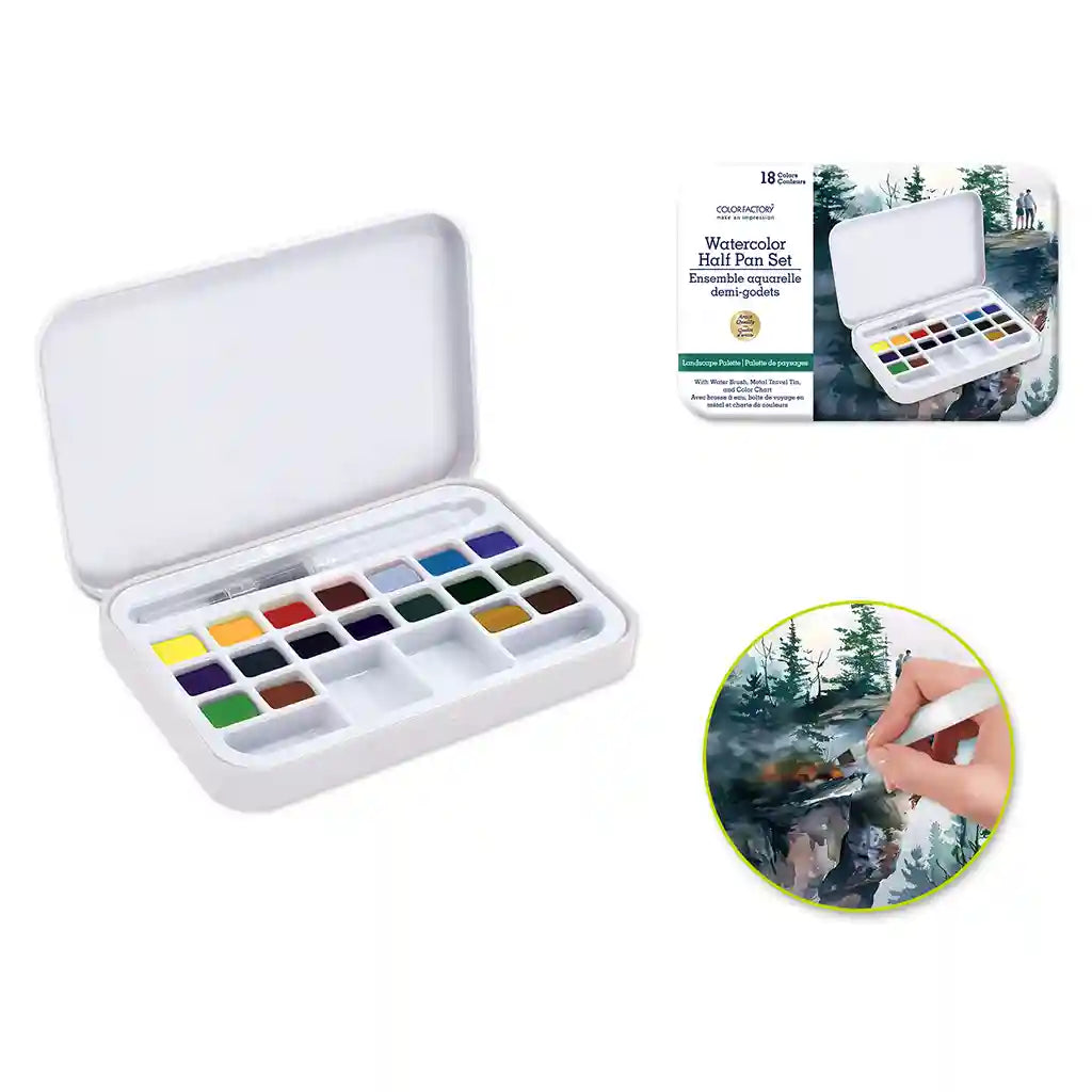 Color Factory: 18 Half-Pan Watercolor Set Portable W/Water Brush Landscape Palette