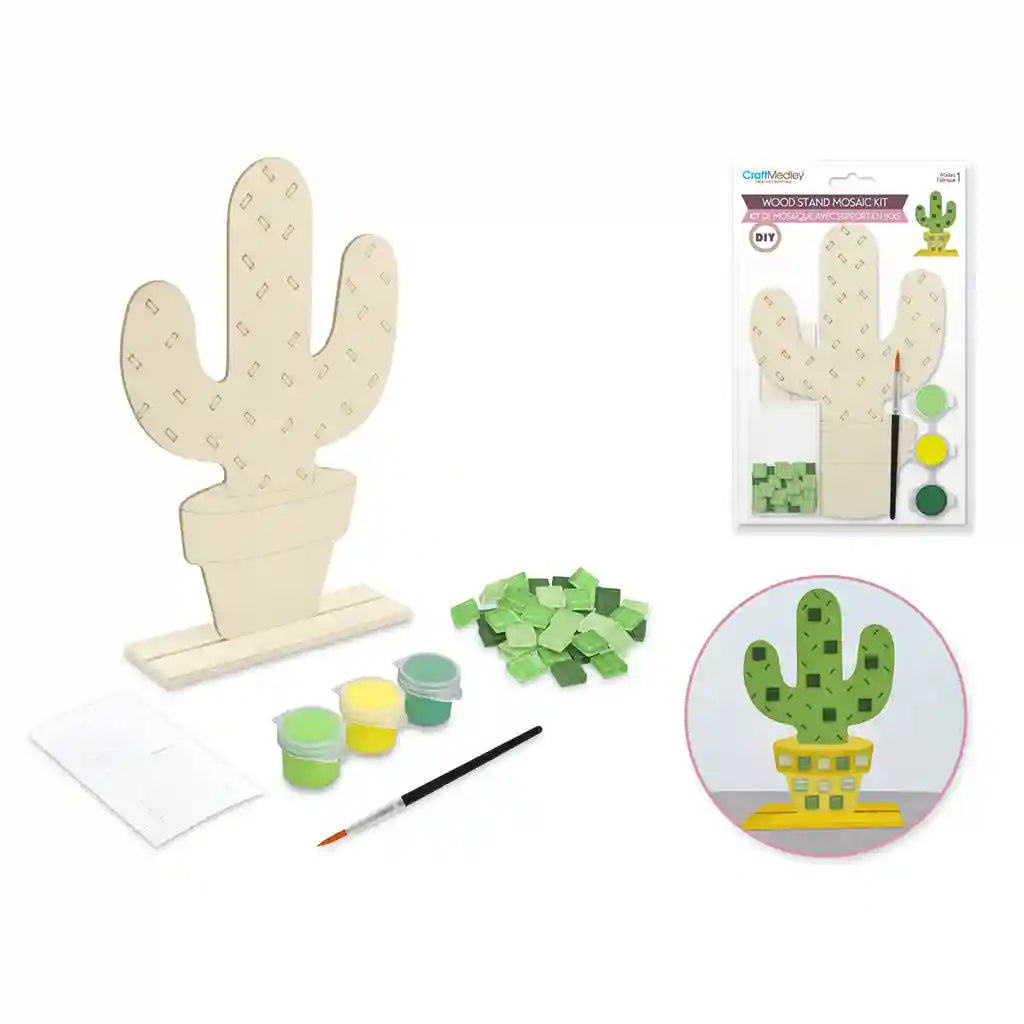 Craft Medley Kit: 5.1in X 7.5in Diy Wood + Mosaic Stand-Up W/3 Paints+Brush Cactus