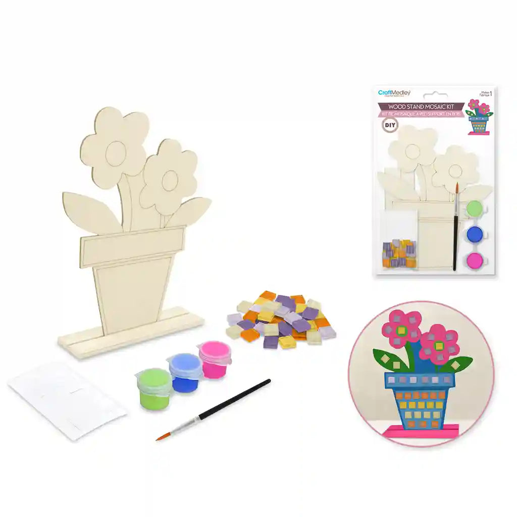 Craft Medley Kit: 5.1in X 7.5in Diy Wood + Mosaic Stand-Up W/3 Paints+Brush Flower