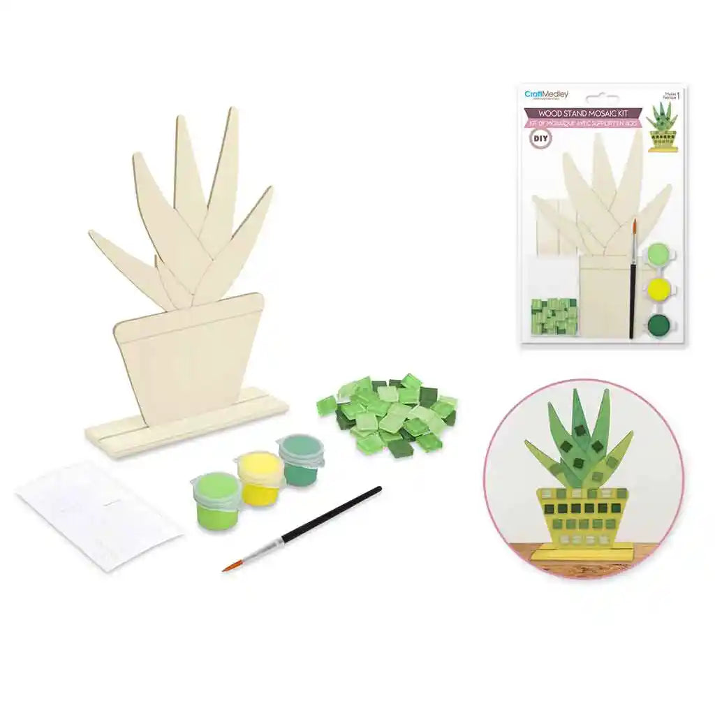 Craft Medley Kit: 5.1in X 7.5in Diy Wood + Mosaic Stand-Up W/3 Paints+Brush Aloe Vera