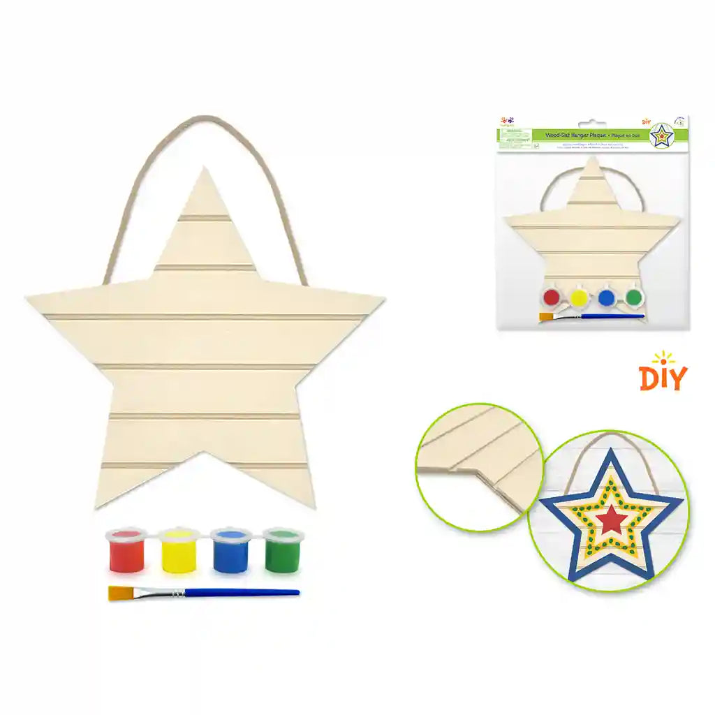 Krafty Kids Kit: Diy Wood-Slat Hanger Plaque W/4 Paintpots+Brush+Jutecord Star