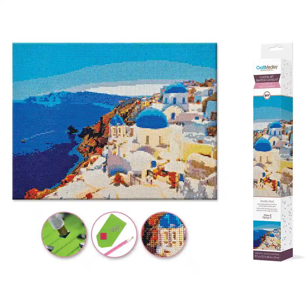 Craft Medley Kit: Diamond Painting Coastline Art 15.8in X 19.7in W/Gems+Tools Santorini