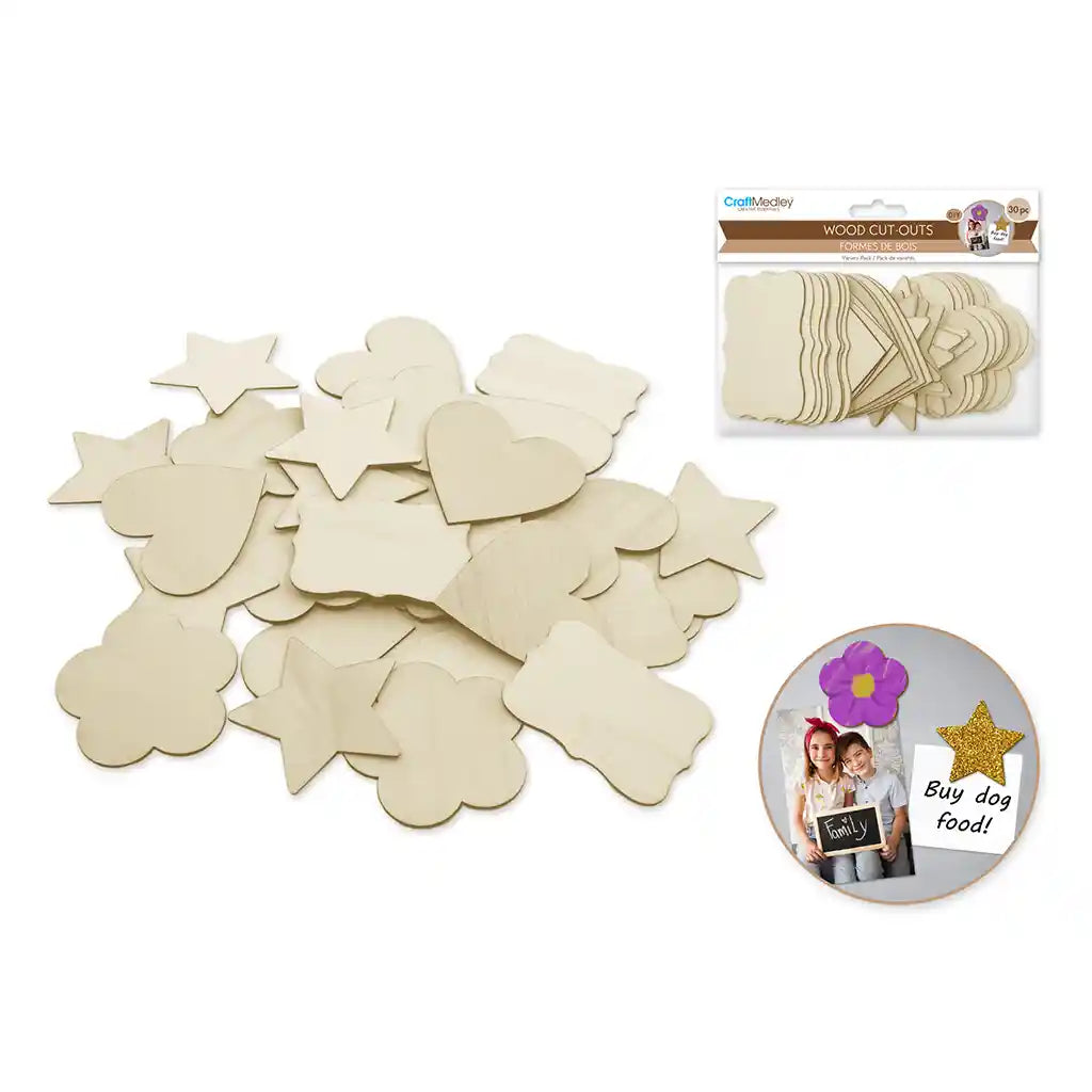Craftwood: 30pc Wood Cut-Outs Asst Heart/Flower/Star/Plaque