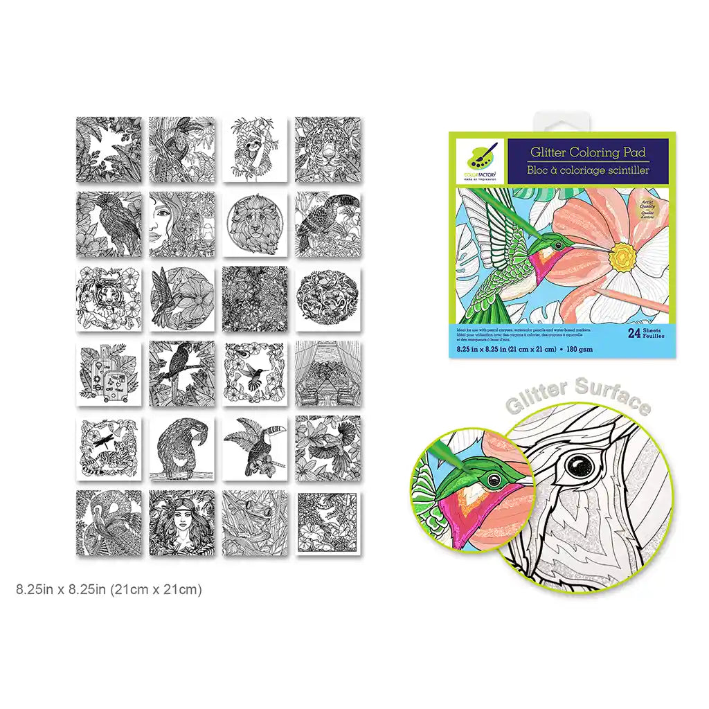 Color Factory: Glitter Coloring Pad 8.25in X 8.25in 180Gsm 24Sht Exotic Animals