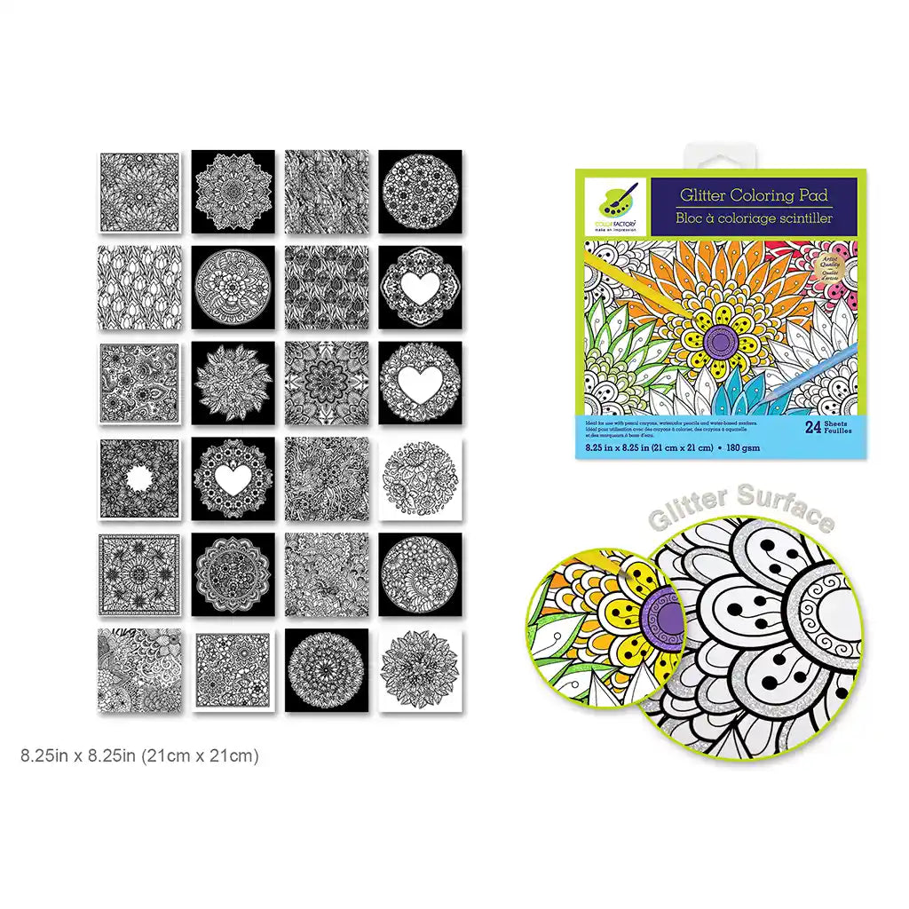 Color Factory: Glitter Coloring Pad 8.25in X 8.25in 180Gsm 24Sht Floral Abstract