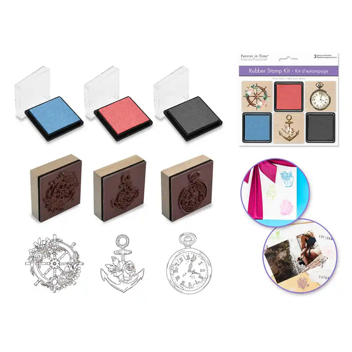 Wooden Rubber Stamp Kit: 3 Wood Stamps + 3 Ink Pads Vintage