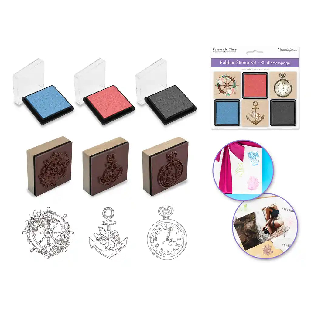 Wooden Rubber Stamp Kit: 3 Wood Stamps + 3 Ink Pads Vintage