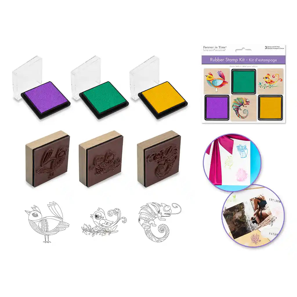 Wooden Rubber Stamp Kit: 3 Wood Stamps + 3 Ink Pads Cool Creatures