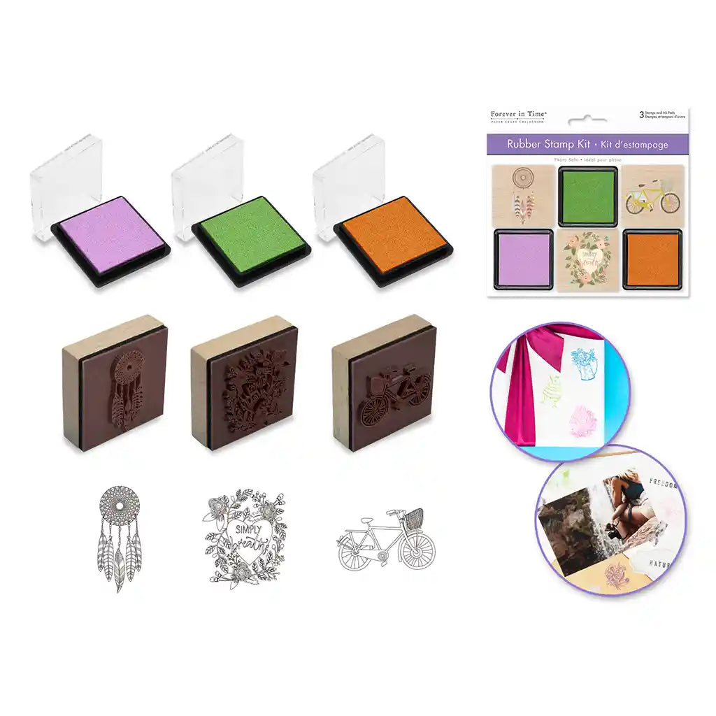 Wooden Rubber Stamp Kit: 3 Wood Stamps + 3 Ink Pads Live In The Moment