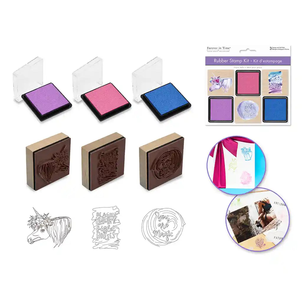 Wooden Rubber Stamp Kit: 3 Wood Stamps + 3 Ink Pads You Are Magic