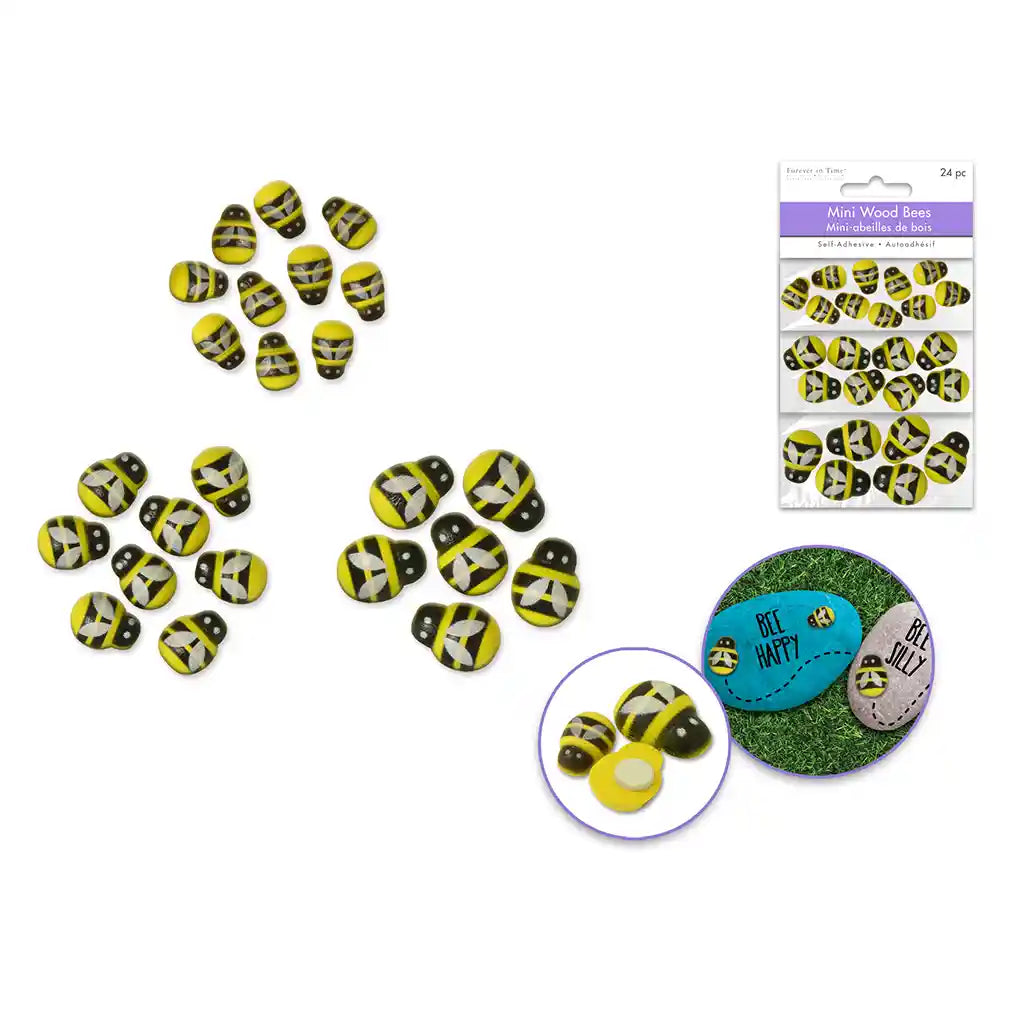 Paper Craft Emb: Mini Wood Bees X24 Peel-N-Stick 1/2in -3/4in Yellow