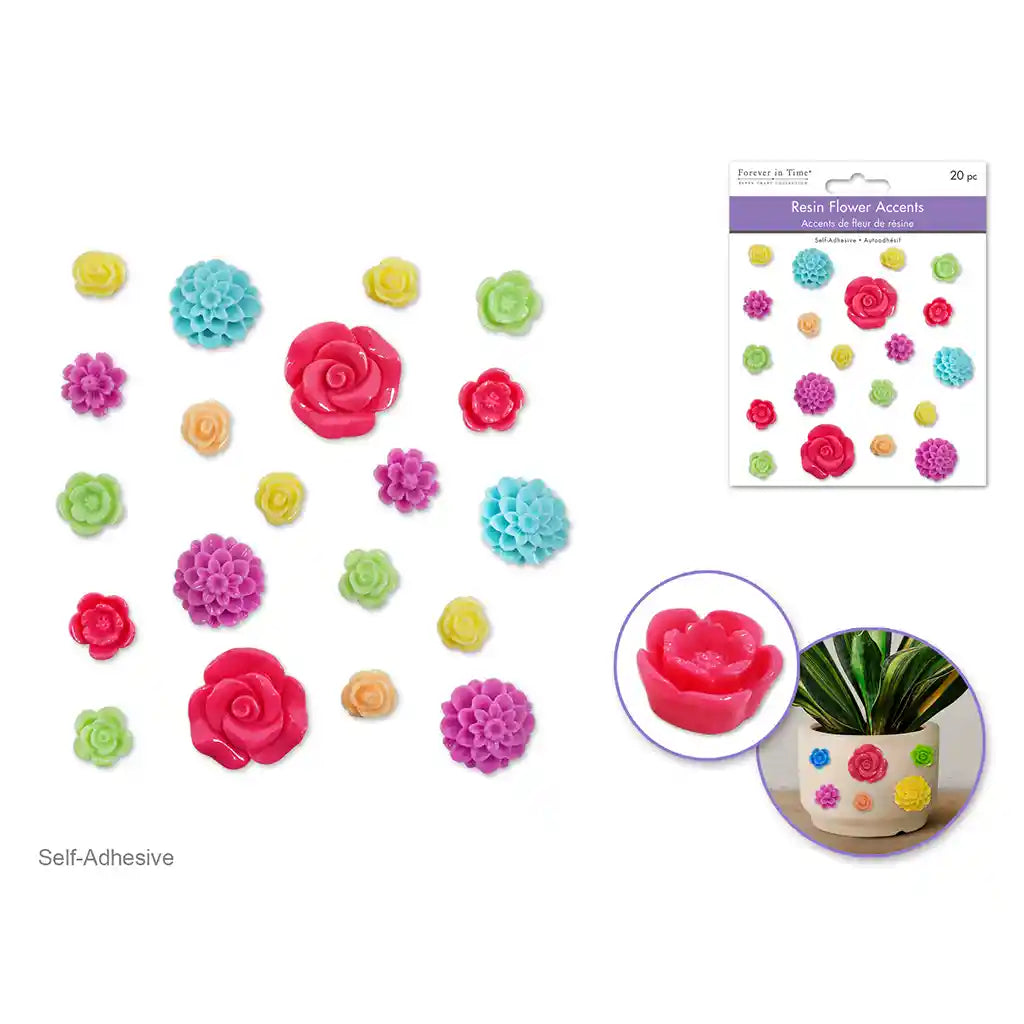 Paper Craft Emb: 3D Resin Flower Accents 20pc Asst Col Self-Stick Glam