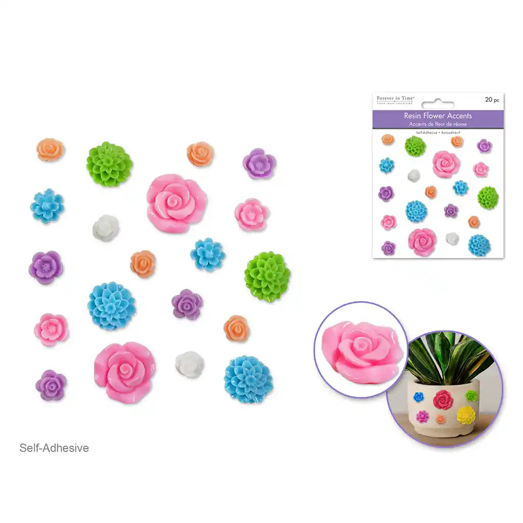 Paper Craft Emb: 3D Resin Flower Accents 20pc Asst Col Self-Stick Pastel