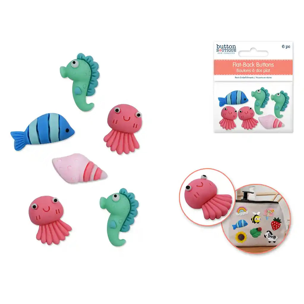 Button Boutique: Flat-Back Resin Embellishment Buttons 6pc Oceans Alive