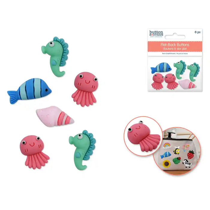 Button Boutique: Flat-Back Resin Embellishment Buttons 6pc Oceans Alive