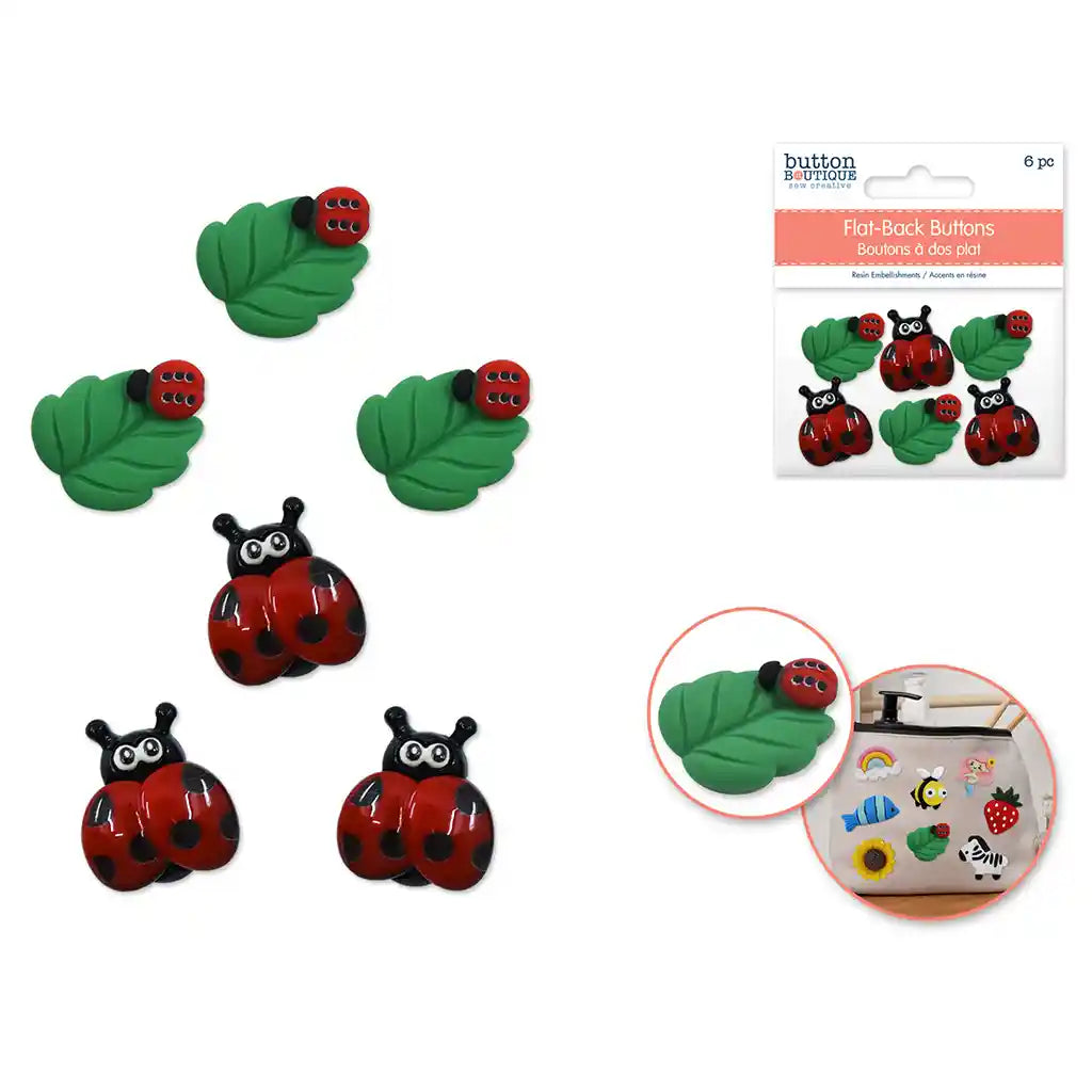 Button Boutique: Flat-Back Resin Embellishment Buttons 6pc Ladybug Life