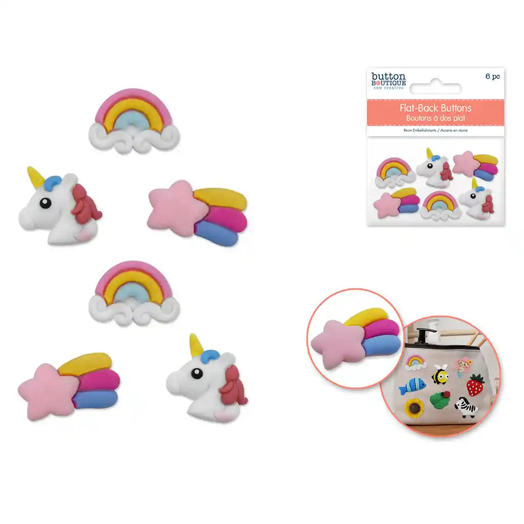 Button Boutique: Flat-Back Resin Embellishment Buttons 6pc Unicorn Dreams