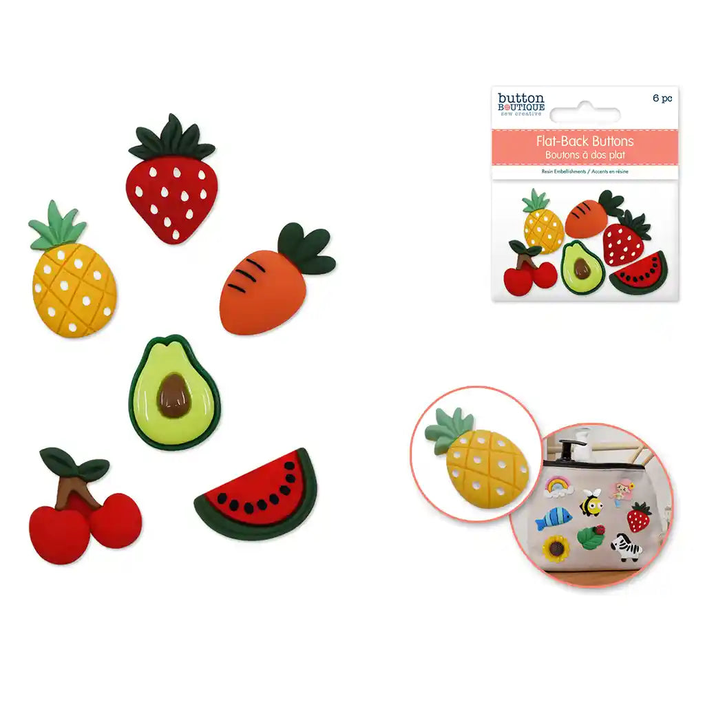 Button Boutique: Flat-Back Resin Embellishment Buttons 6pc Fruit Platter