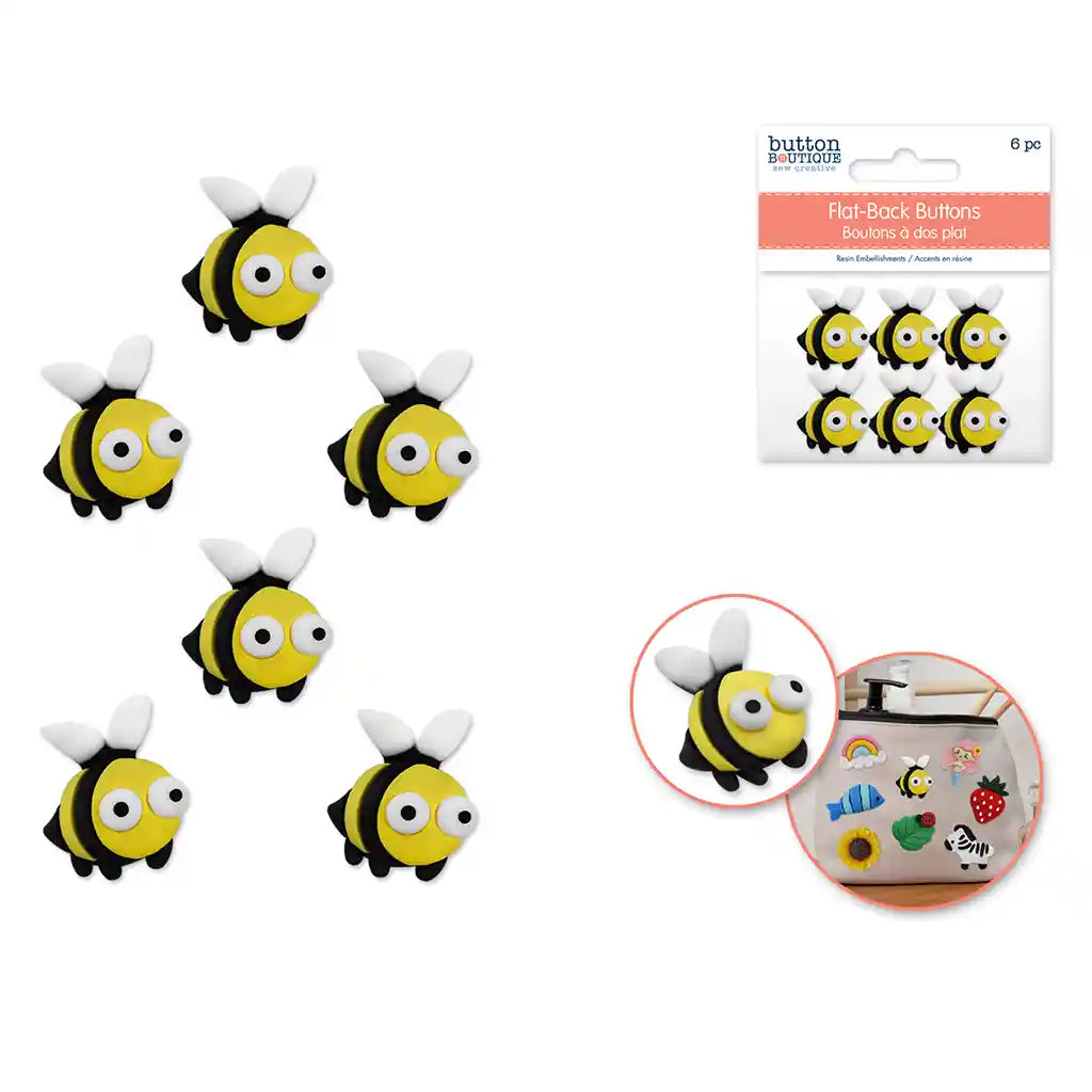 Button Boutique: Flat-Back Resin Embellishment Buttons 6pc Bug-Eyed Bees
