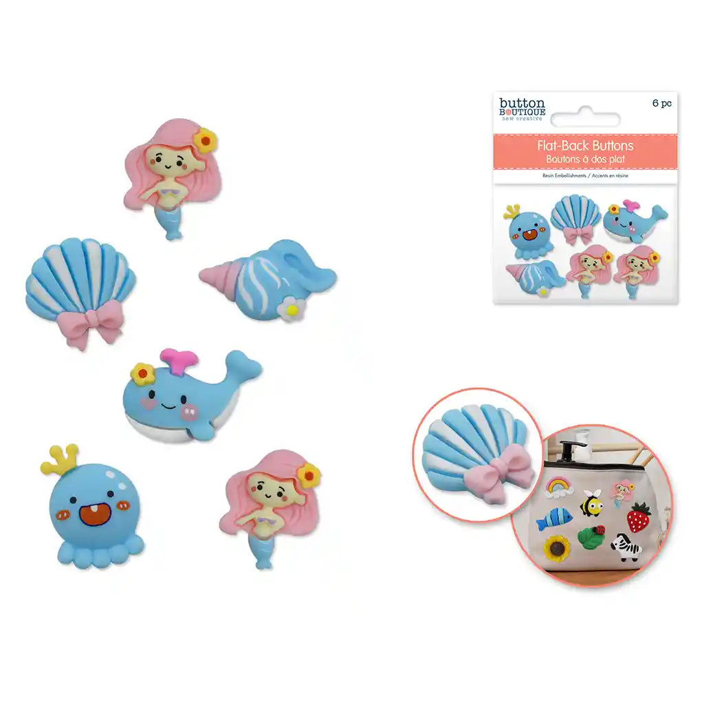 Button Boutique: Flat-Back Resin Embellishment Buttons 6pc Mermaid Pals
