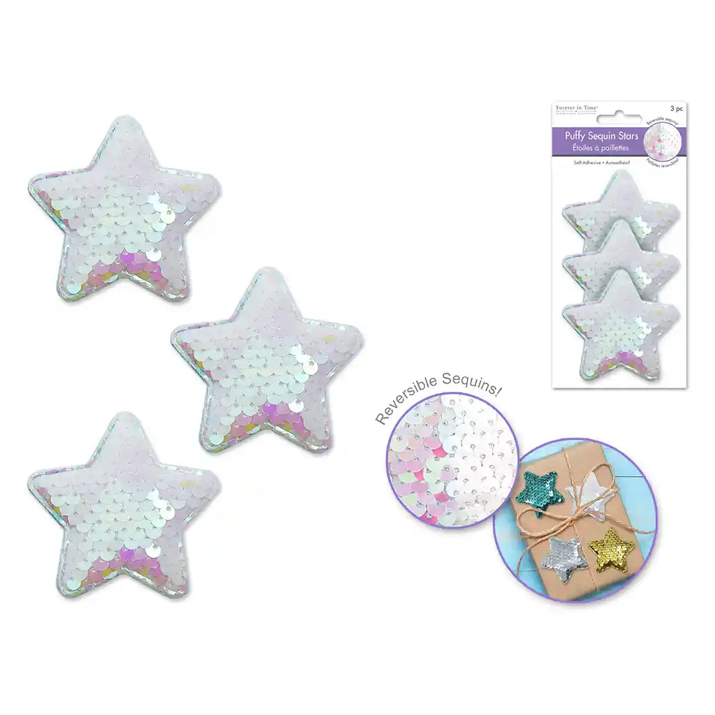 Paper Craft Emb: 2.4in Puffy Reversible Sequin Star 3D Sticker 3pc White Irridescent