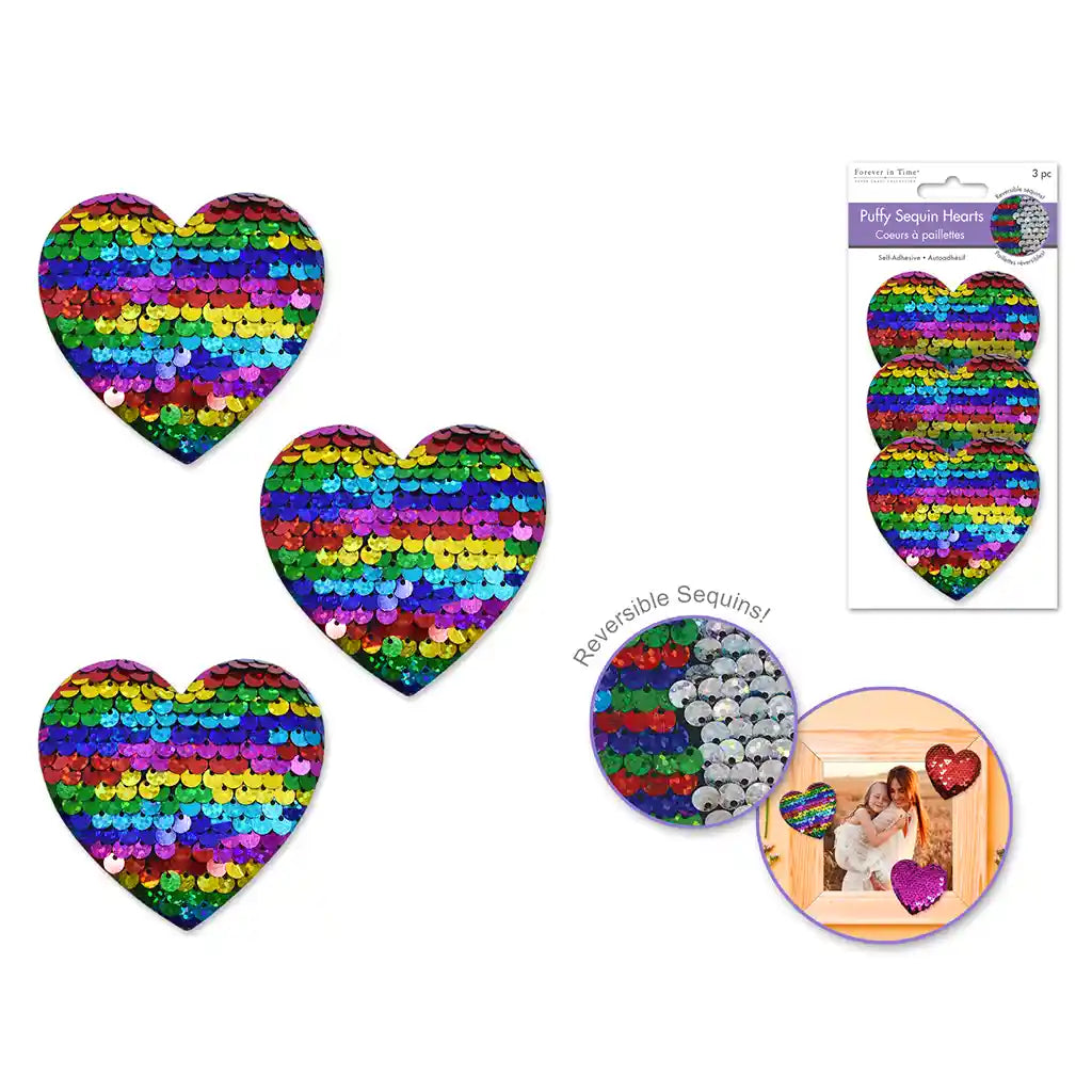 Paper Craft Emb: 2.4in Puffy Sequin Reversible Heart 3D Sticker 3pc Rainbow