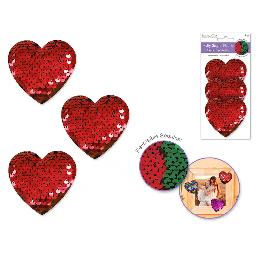 Paper Craft Emb: 2.4in Puffy Sequin Reversible Heart 3D Sticker 3pc Red