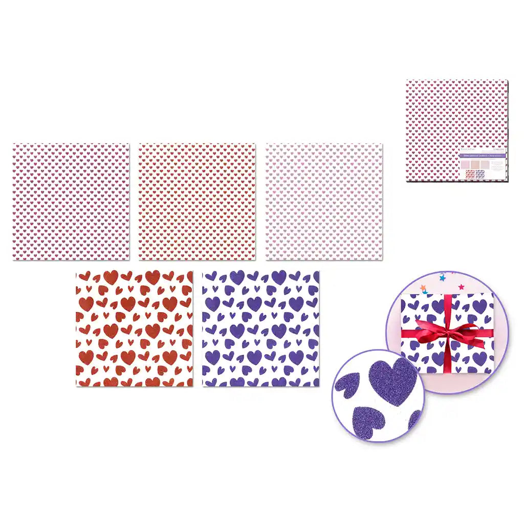 Scrapbook Paper: 12in X 12in Glitter Cardstock 250Gsm Asst 5Col Hearts Medley