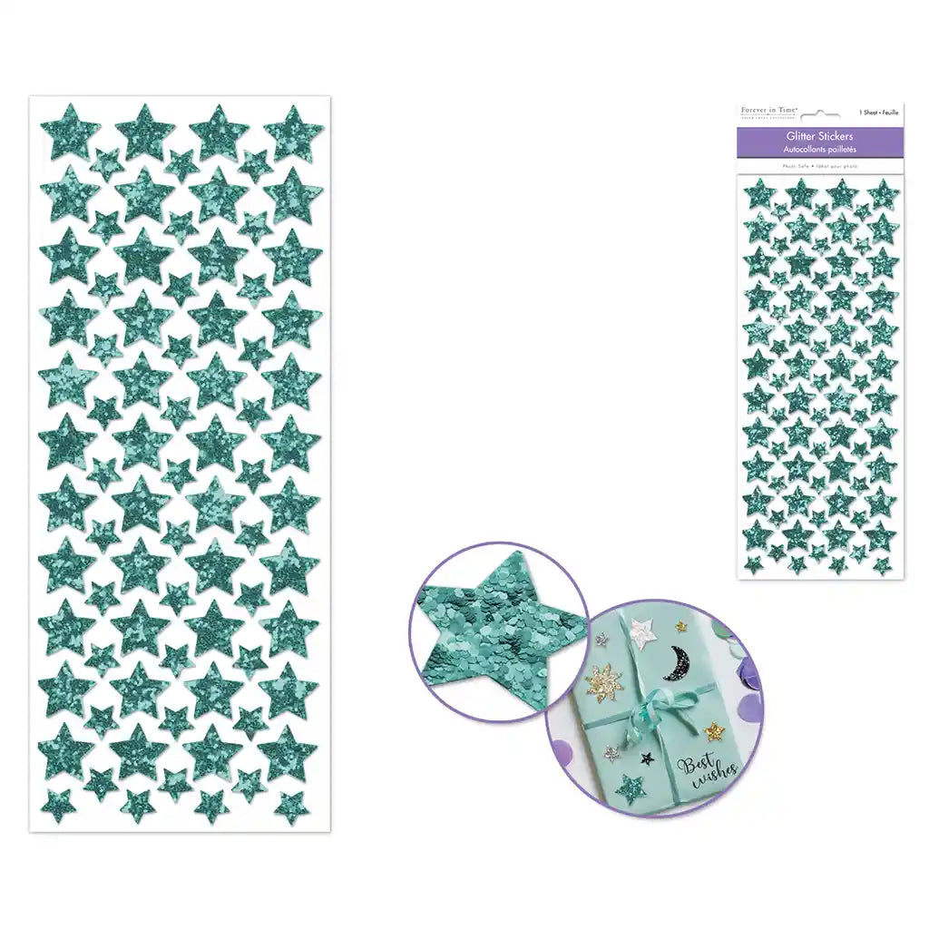 Paper Craft Sticker: 12.5cm x 30.5cm Glitter Shapes  Aqua Stars