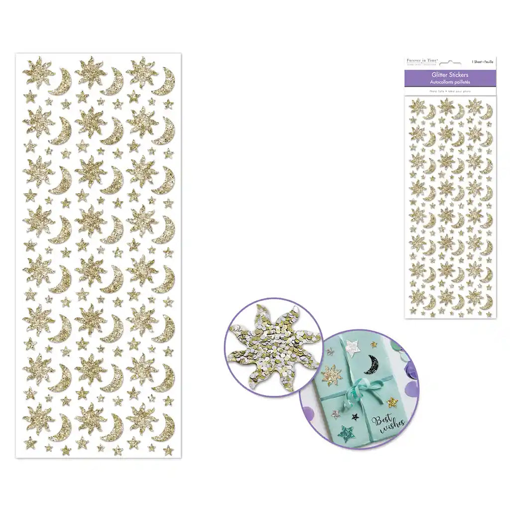 Paper Craft Sticker: 12.5cm x 30.5cm Glitter Shapes  Gold Celestial