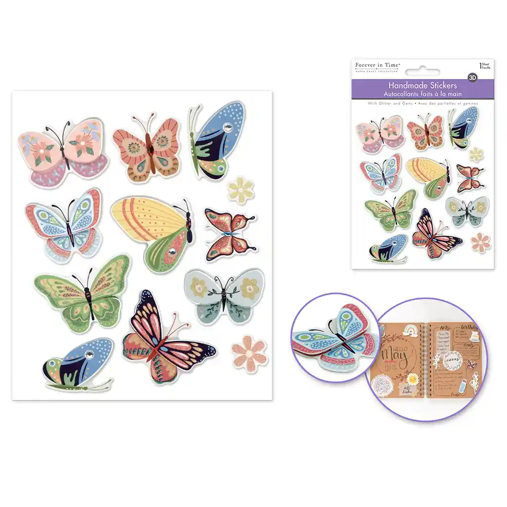 Paper Craft Sticker: 4.7in X 5.5in 3D Handmade W/Glitter + Gems  Butterfly