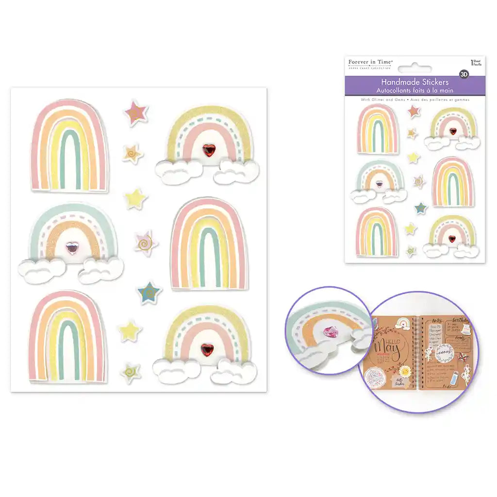 Paper Craft Sticker: 4.7in X 5.5in 3D Handmade W/Glitter + Gems  Rainbow