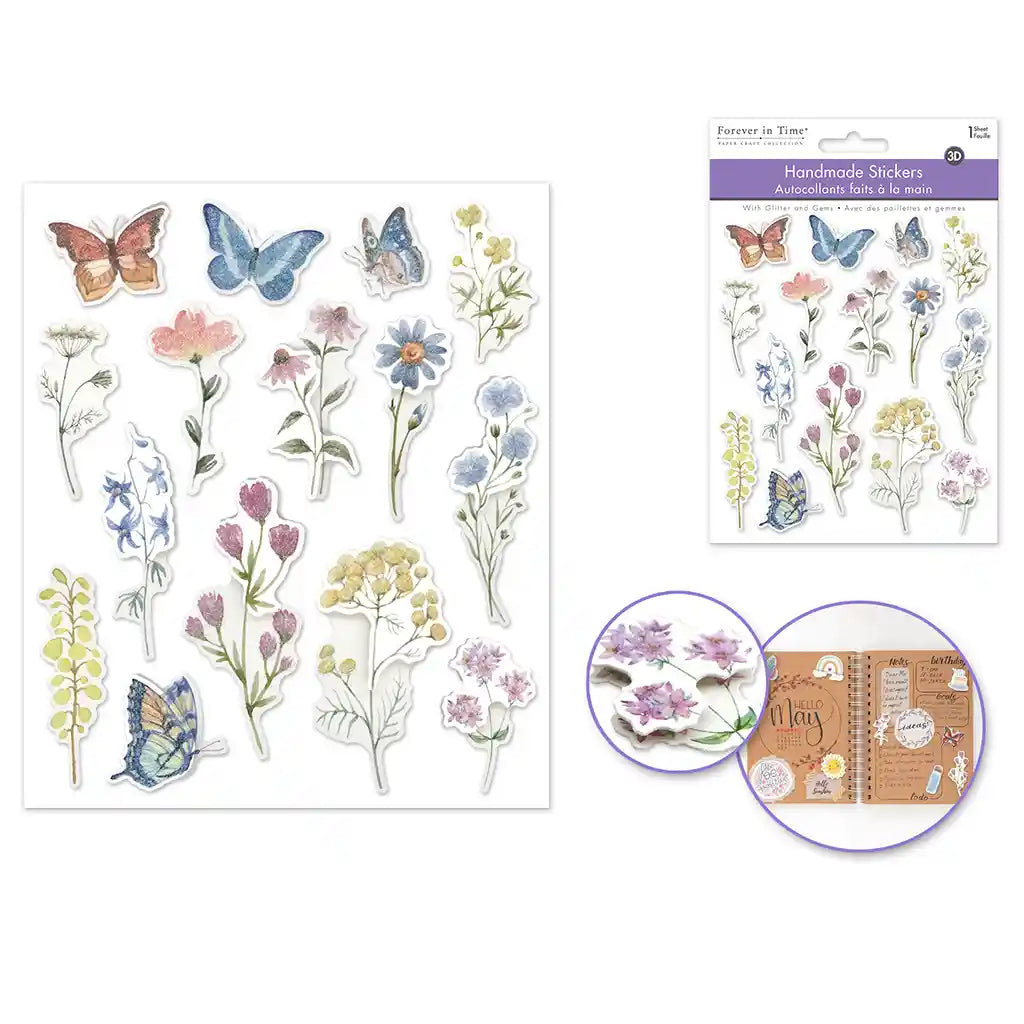 Paper Craft Sticker: 4.7in X 5.5in 3D Handmade W/Glitter + Gems Bouquet