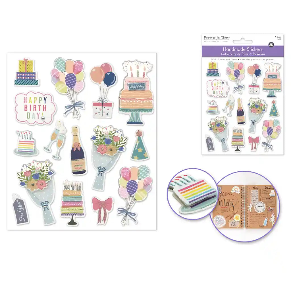 Paper Craft Sticker: 4.7in X 5.5in 3D Handmade W/Glitter + Gems Adult Birthday