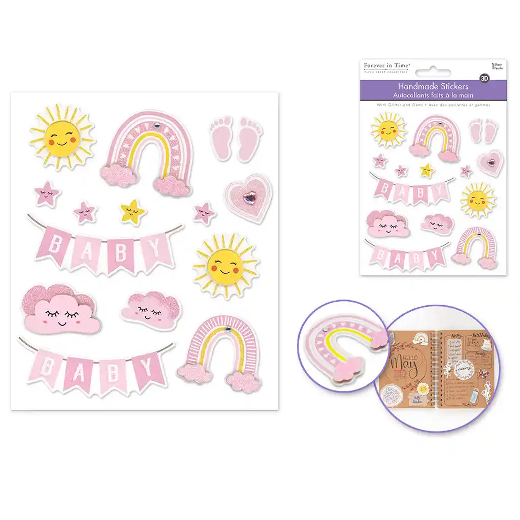 Paper Craft Sticker: 4.7in X 5.5in 3D Handmade W/Glitter + Gems  Baby Girl
