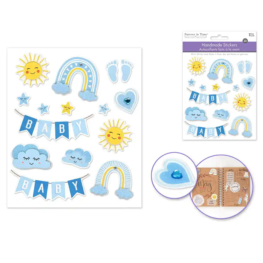 Paper Craft Sticker: 4.7in X 5.5in 3D Handmade W/Glitter + Gems Baby Boy
