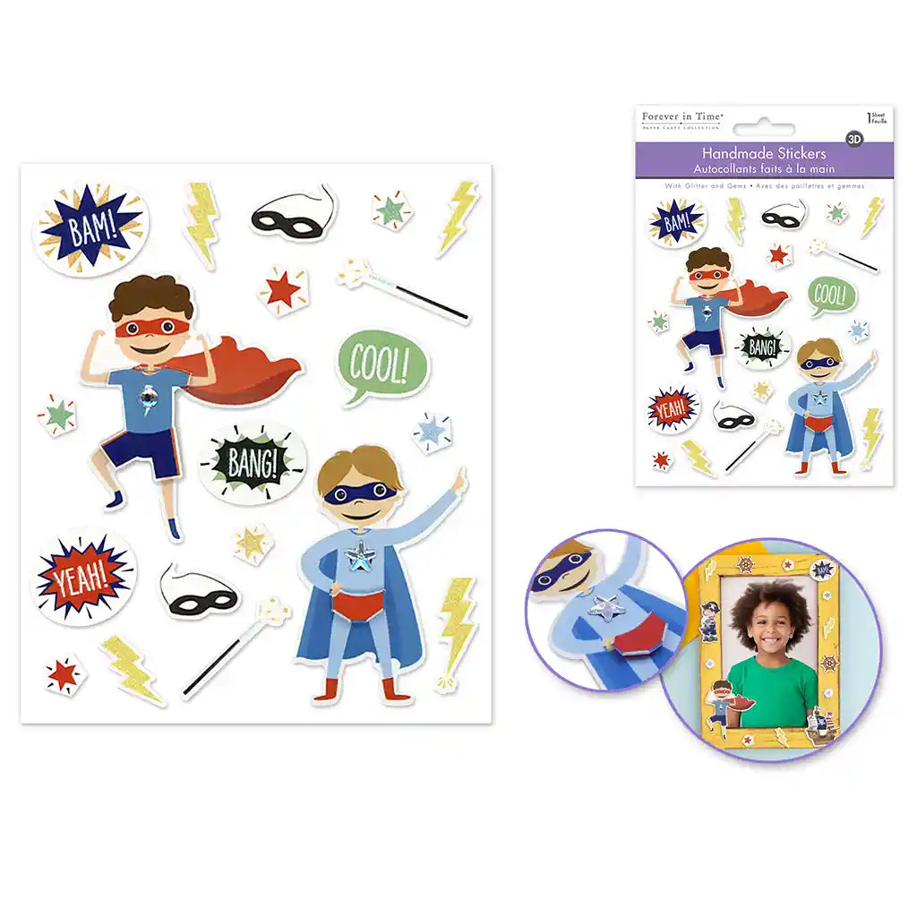 Paper Craft Sticker: 4.7in X 5.5in 3D Handmade W/Glitter + Gems  Superkids