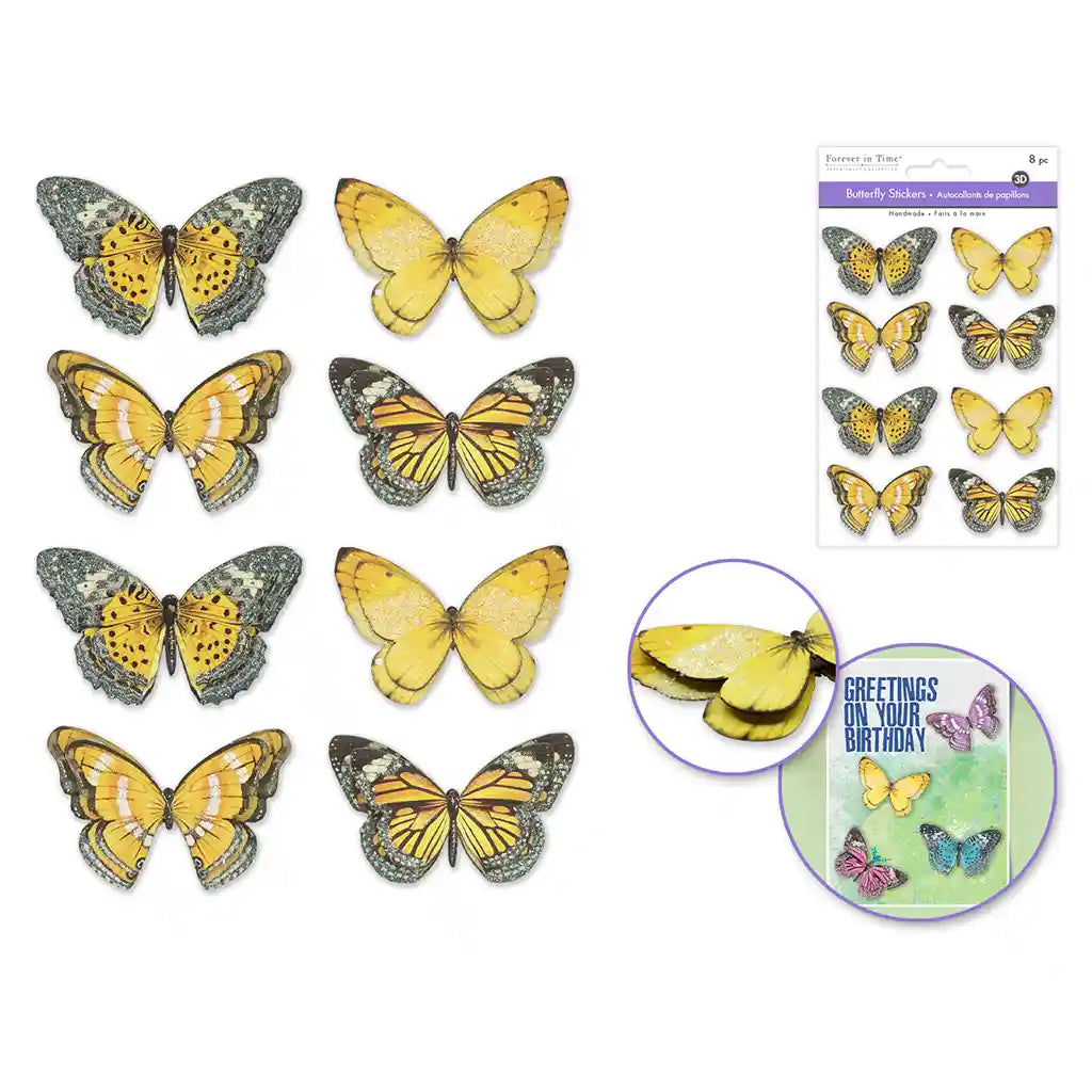 Handmade Sticker: 2in X 1.4in Glitter 3D Butterflies 8pc  Yellow
