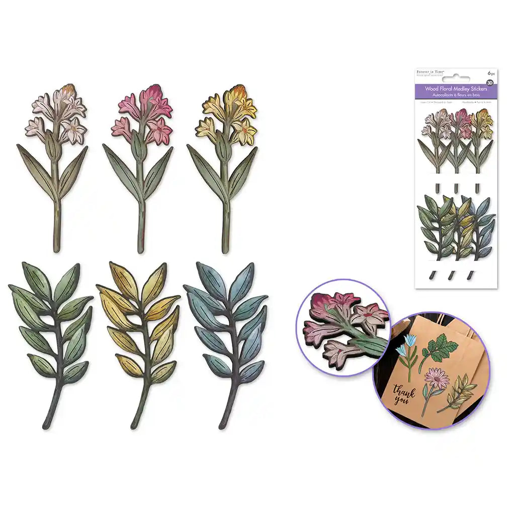 Handmade Sticker: 3.5in X 8.3in 3D Laser-Cut 6pc Wood Floral Medley Daffodil &amp; Fern