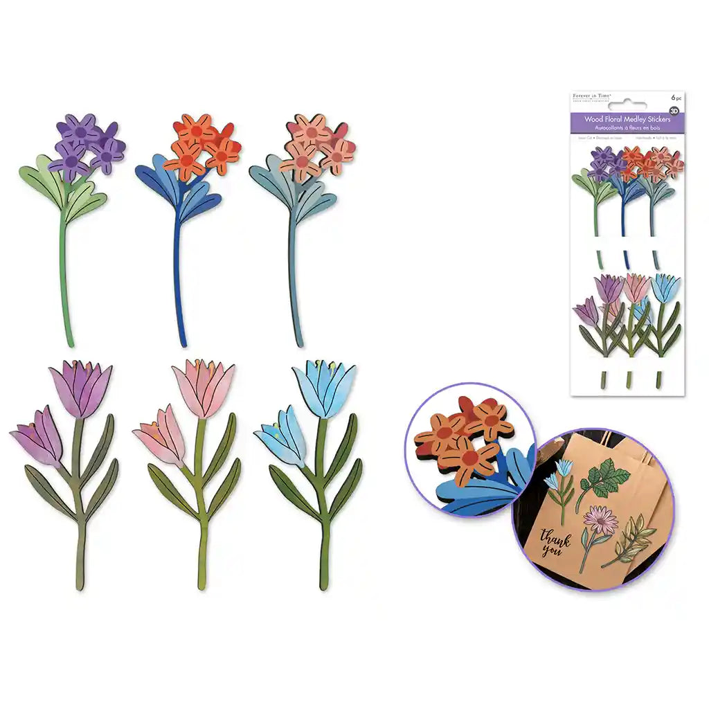 Handmade Sticker: 3.5in X 8.3in 3D Laser-Cut 6pc Wood Floral Medley Floral Burst