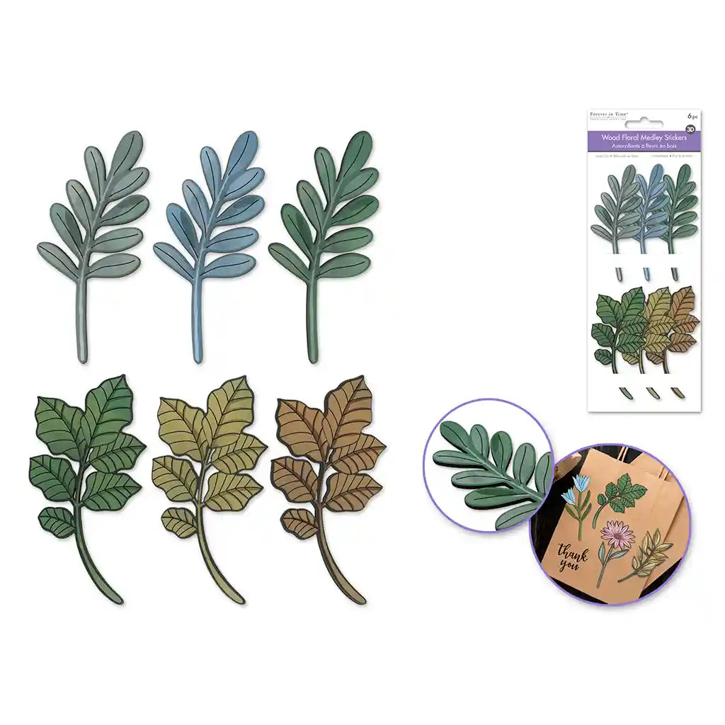 Handmade Sticker: 3.5in X 8.3in 3D Laser-Cut 6pc Wood Floral Medley Foliage Frenzy