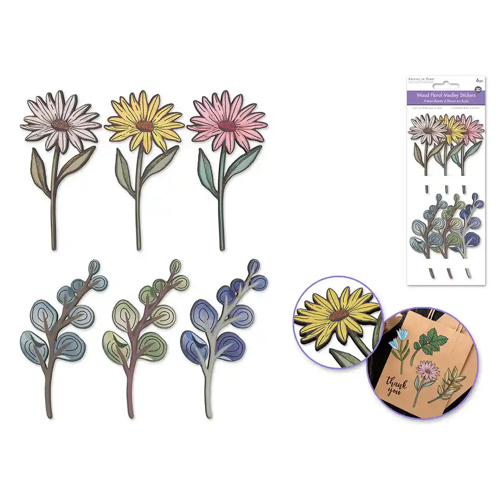 Handmade Sticker: 3.5in X 8.3in 3D Laser-Cut 6pc Wood Floral Medley Gerbera Daisy