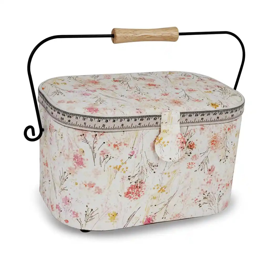 Oval Sew Basket Metal Handle Cream Floral