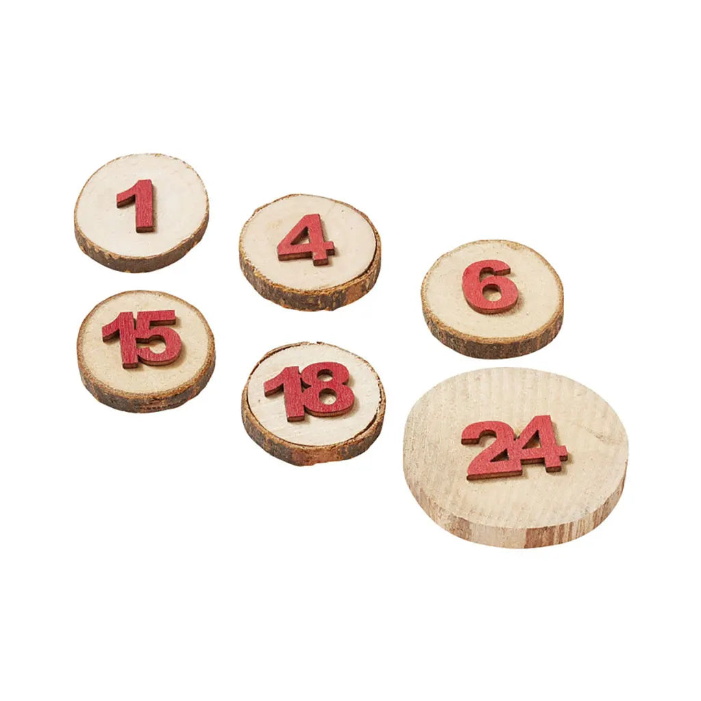 Advent Numbers, Wooden Disk With Glue Dot, Red