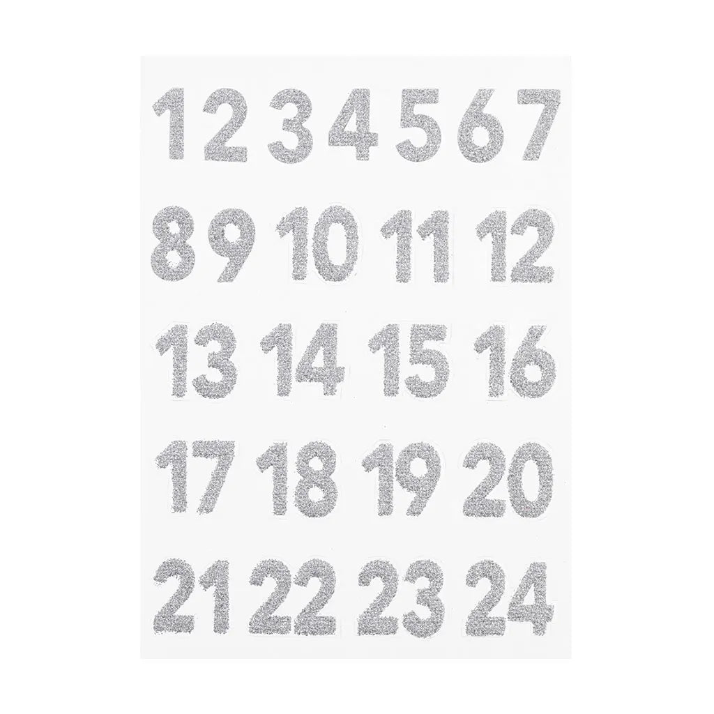 Glitter Stickers Advent Numbers, 1-24, Silver