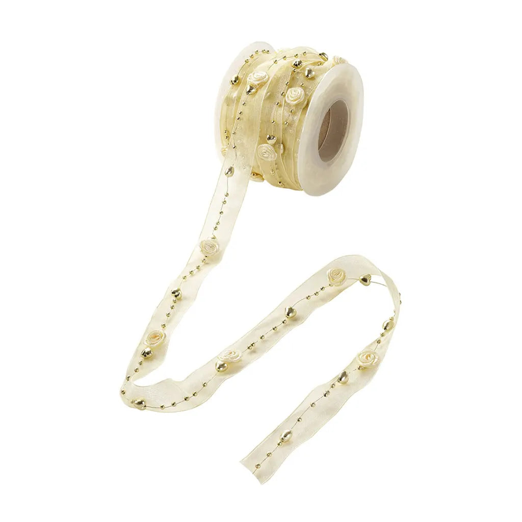 TRENDY Ribbon with Rose, Cream / Gold, breadth: 2cm, Sold Per Meter