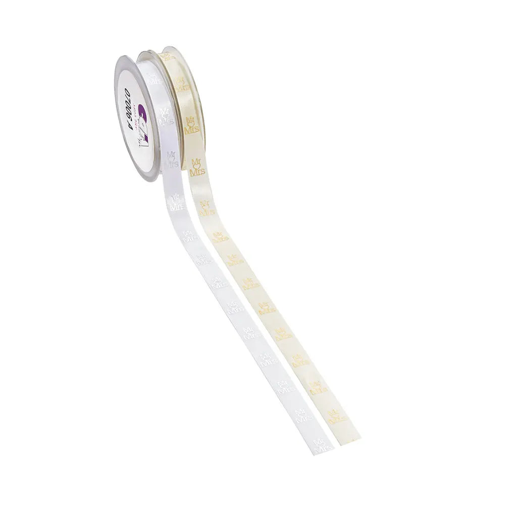 Satin Ribbon Mr. &amp; Mrs. 15mm, Cream/Gold
