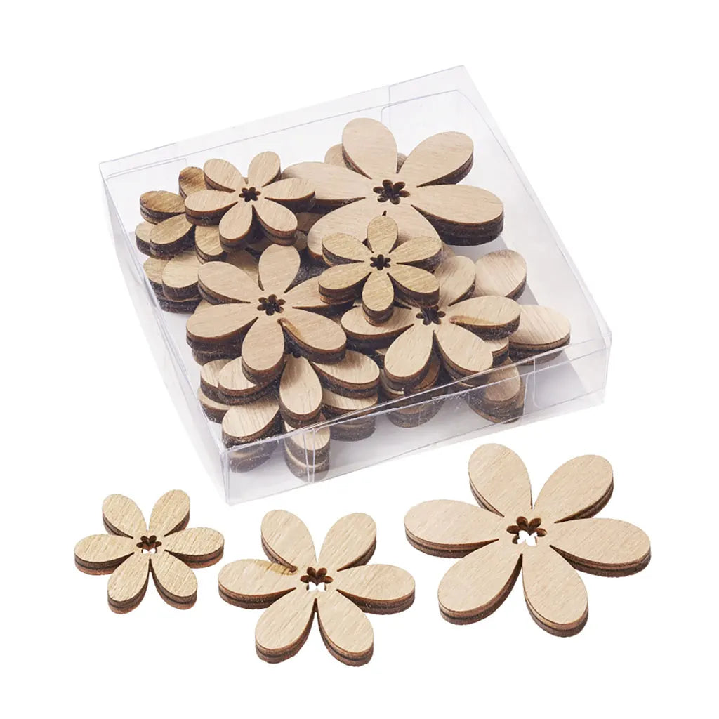 Wooden Flower in Transparent Box, 3-5.5cm, Nature, 18pcs